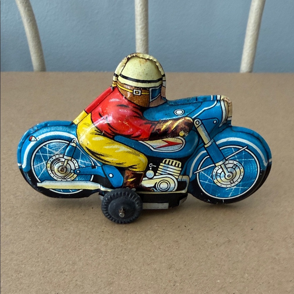 Vintage Small Tin Motorcycle Toy with Blue and Red Accents - Picture 2 of 5